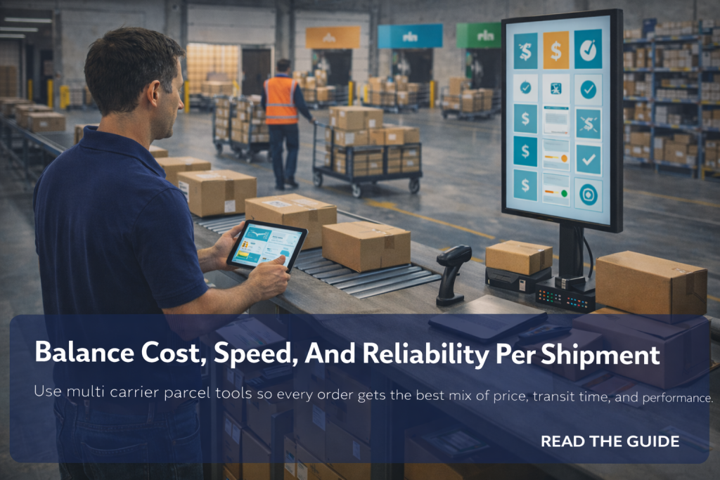 Worker reviews multi carrier shipping options on a tablet beside cartons and a carrier lane screen in a warehouse.