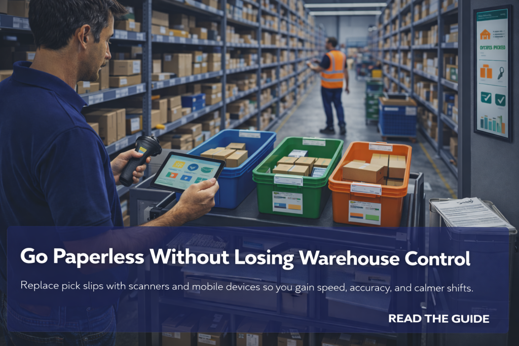 Picker uses a tablet and scanner at a cart of color totes in a warehouse aisle while another worker scans boxes in the background.