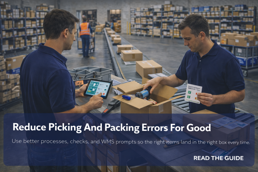 Two workers check items against a tablet and quality card at a packing station beside a conveyor in a busy warehouse.