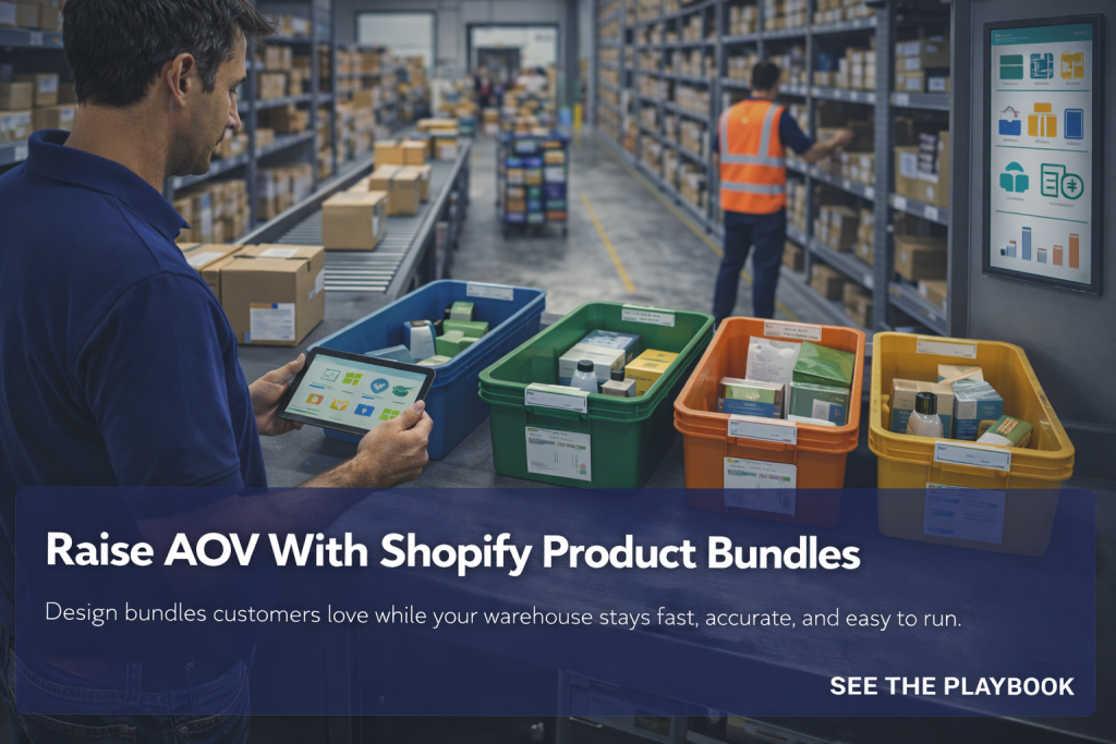 Worker reviews bundle layout on a tablet beside color coded totes of products in an ecommerce warehouse.