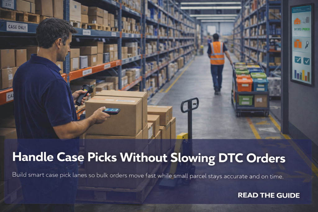 Warehouse worker scans a case on a pallet jack while another pushes a cart of color totes down a tall rack aisle.